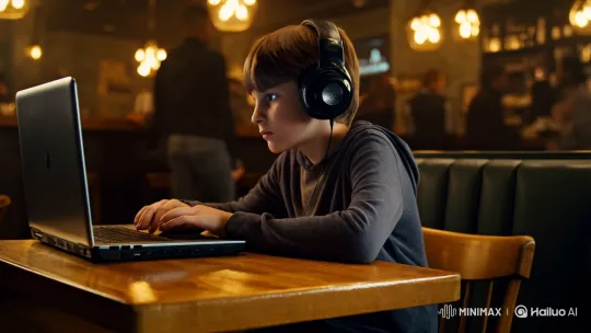 Focused Boy in a Bustling Cafe: A Cinematic Study – AI Generated Video | Hailuo AI