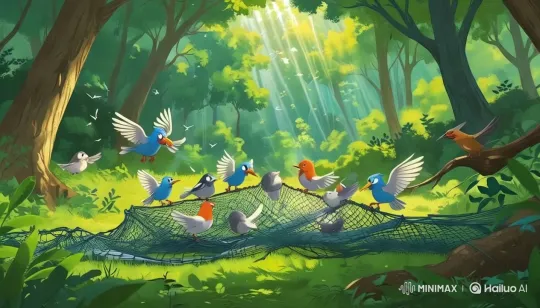Birds Trapped in Net Amidst Forest Serenity – AI Generated Video | Hailuo AI