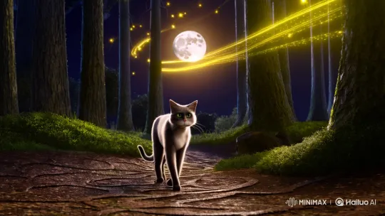 Sleek Cat Strolls Through Enchanted Moonlit Forest – AI Generated Video | Hailuo AI