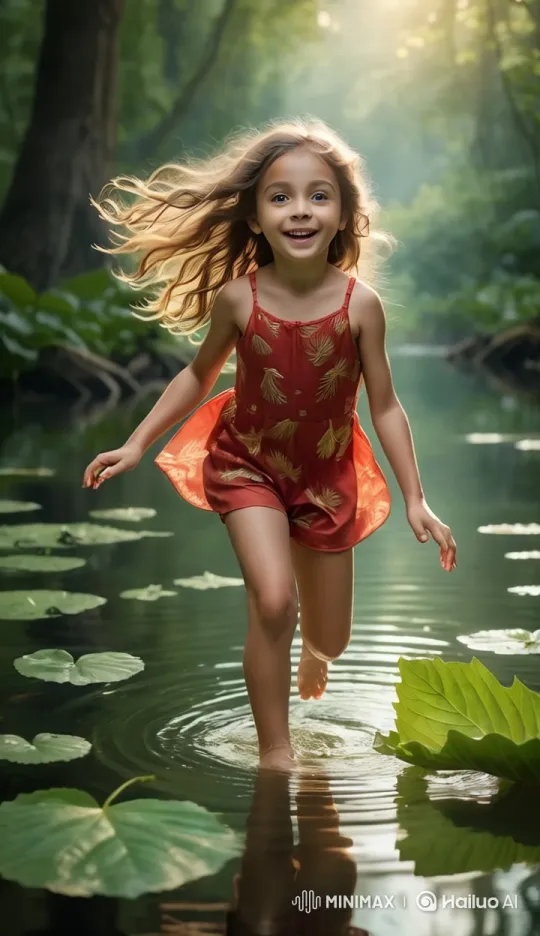 Joyful Emma in Enchanted Forest Stream – AI Generated Video | Hailuo AI