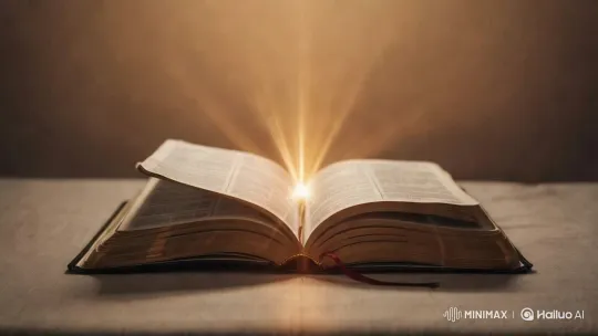 Illuminated Bible on Table: Symbol of Divine Power – AI Generated Video | Hailuo AI