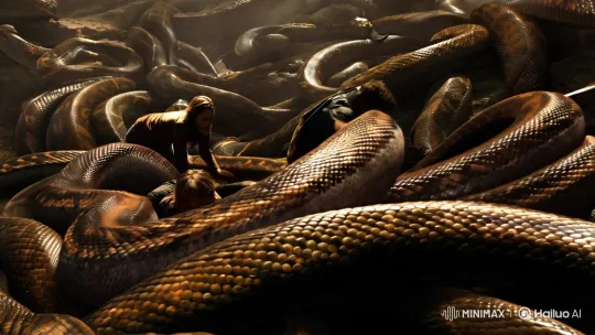 Humans Navigate Majestic Snake Nests in Cinematic Scene – AI Generated Video | Hailuo AI