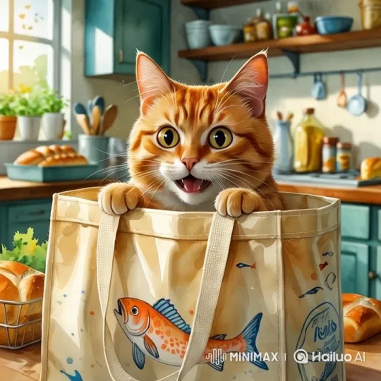 Curious Cat in Shopping Bag: Cozy Kitchen Morning – AI Generated Video | Hailuo AI