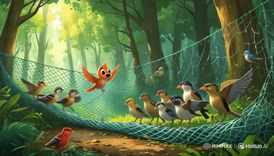 Birds Unite to Lift Net in Forest's Serenity – AI Generated Video | Hailuo AI