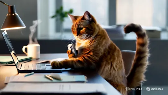 Hardworking Cat in a Whimsical Office Setting – AI Generated Video | Hailuo AI