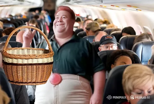 Passenger Interaction with Candy Basket on Airplane – AI Generated Video | Hailuo AI