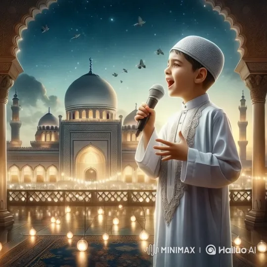 Boy Sings Passionately on Mosque Balcony at Twilight – AI Generated Video | Hailuo AI