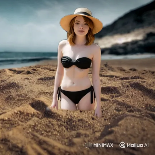 Emma Stone Sinks in Quicksand on Serene Beach – AI Generated Video | Hailuo AI