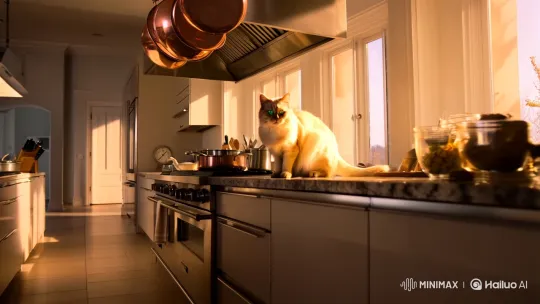 Sunlit Kitchen: Cat's Grace Amidst Aesthetic Warmth – AI Generated Video | Hailuo AI