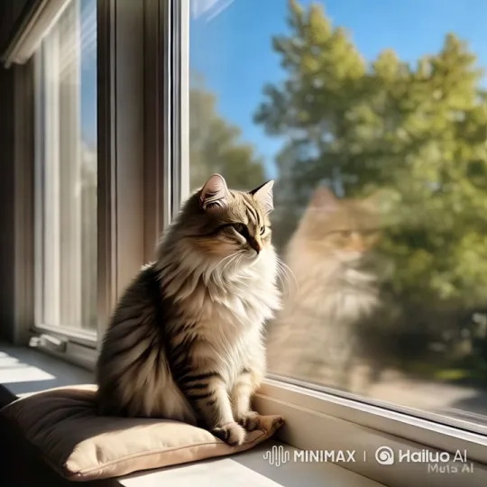 Tranquil Cat Reflecting in Sunlit Window – AI Generated Video | Hailuo AI