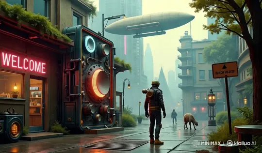 Futuristic Cityscape with Spacesuited Figure and Airship – AI Generated Video | Hailuo AI