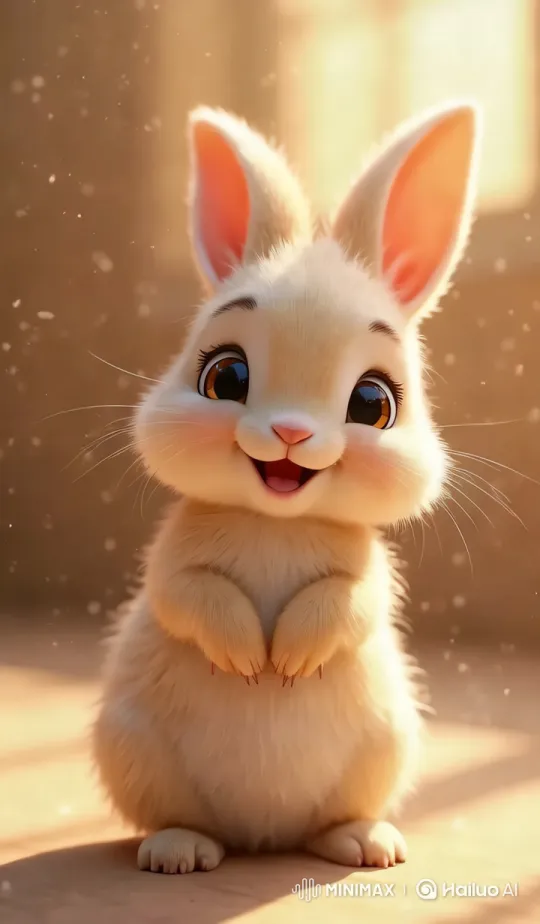 Adorable Animated Bunny Hugs Camera in Warm Setting – AI Generated Video | Hailuo AI
