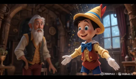 Pinocho's Magical Transformation in Cozy Cabin – AI Generated Video | Hailuo AI