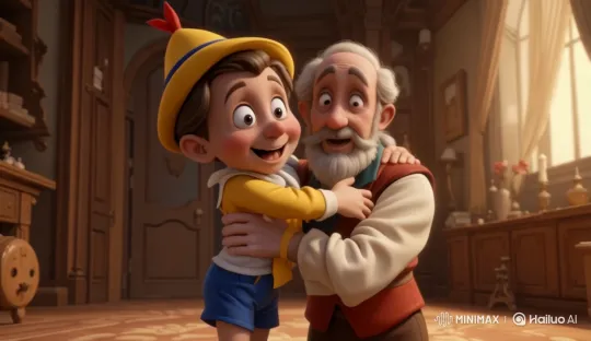 Pinocho and Geppetto's Joyful Embrace in Cozy Home – AI Generated Video | Hailuo AI
