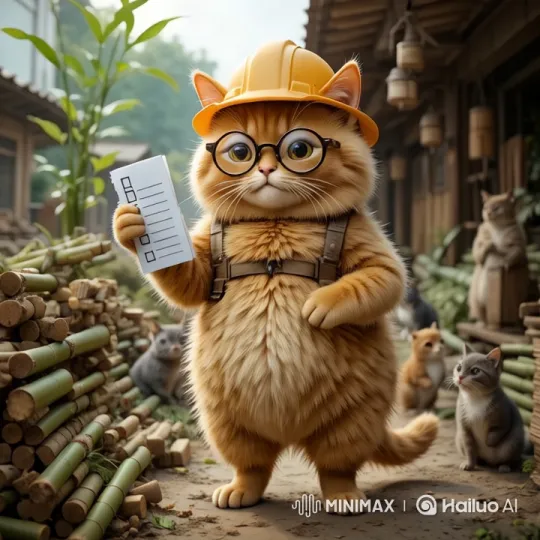 Fluffy Orange Cat Leads Feline Construction Crew – AI Generated Video | Hailuo AI