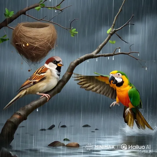 Rainforest Serenity: Sparrow, Parrot, and Nest – AI Generated Video | Hailuo AI