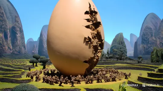 Colossal Egg and Tiny Builder Men: A Visual Tale – AI Generated Video | Hailuo AI