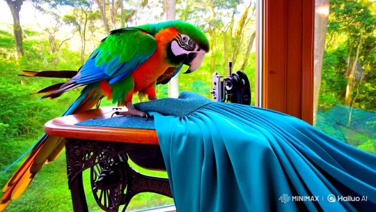 Macaw Crafts Dress in Forest-Inspired Setting – AI Generated Video | Hailuo AI