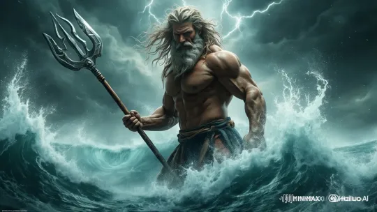 Stormy Seas: Trident-Wielding Figure Amidst Lightning and Waves – AI Generated Video | Hailuo AI