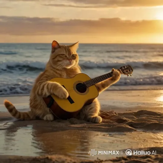 Whiskers the Wanderer Plays Guitar on a Tranquil Beach at Sunset – AI Generated Video | Hailuo AI