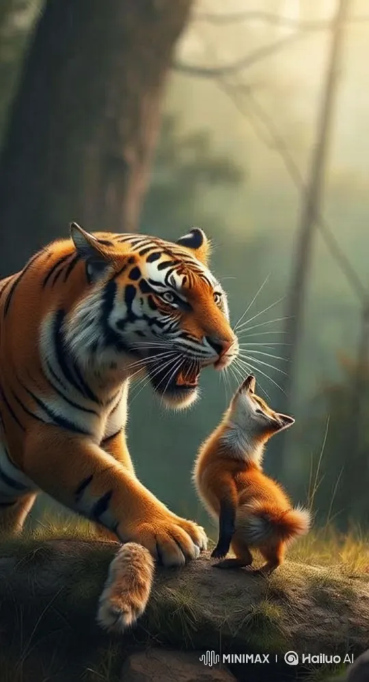 Majestic Tiger Meets Curious Fox in Lush Forest – AI Generated Video | Hailuo AI