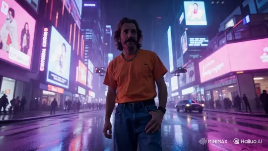 Futuristic Cityscape with Confused Man Amidst Tech – AI Generated Video | Hailuo AI