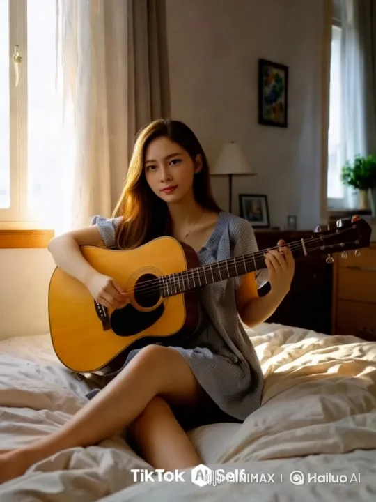 Young Woman Playing Guitar in Serene Bedroom Setting – AI Generated Video | Hailuo AI