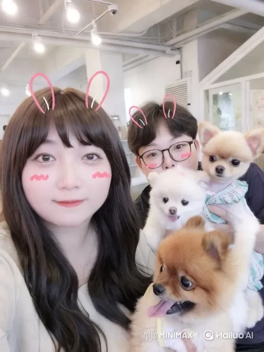 Cozy Indoor Scene with Bunny-Eared Individuals and Happy Dogs – AI Generated Video | Hailuo AI