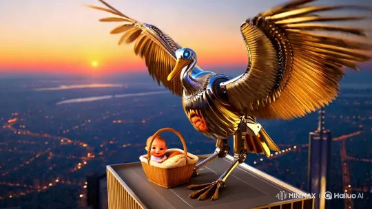 Robotic Stork Delivers Baby in Futuristic Sky Flight – AI Generated Video | Hailuo AI