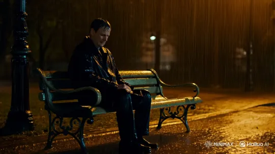 Lonely Man Reflects on Memories Amidst Rainy Park Solitude – AI Generated Video | Hailuo AI