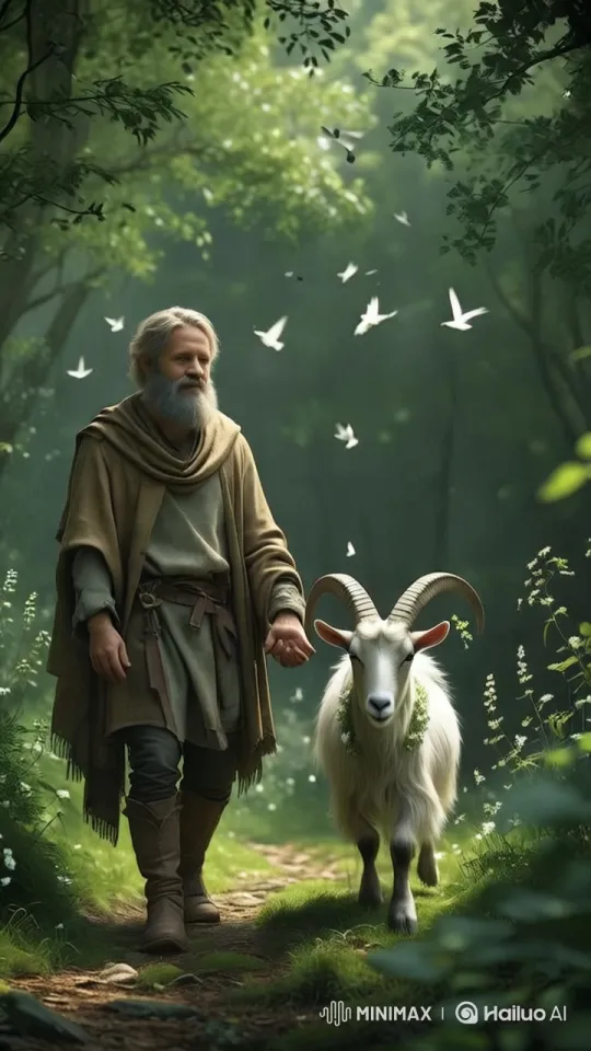 Elderly Man and Goat Wander Through Serene Jungle – AI Generated Video | Hailuo AI