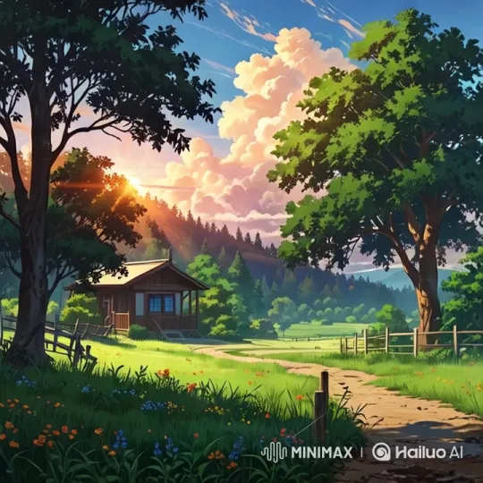 Dreamy Cabin in Lush Meadow at Golden Hour – AI Generated Video | Hailuo AI