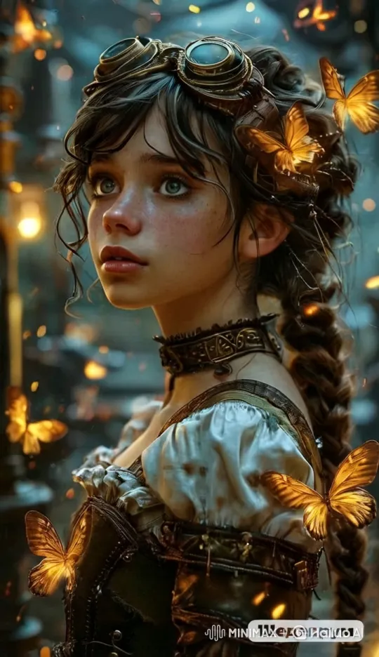 Steampunk Girl Enchanted by Glowing Butterflies – AI Generated Video | Hailuo AI