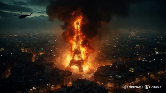 Dramatic Fire Engulfs Iconic Eiffel Tower – AI Generated Video | Hailuo AI