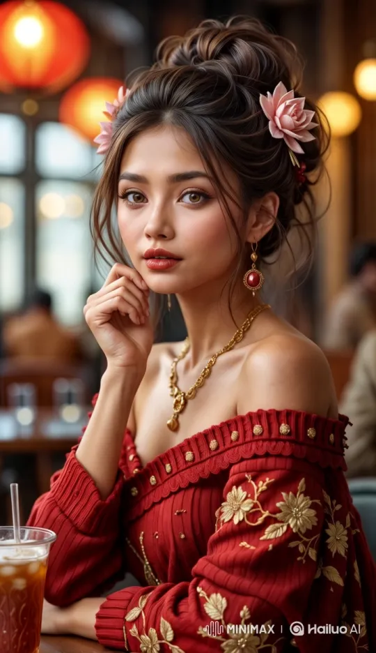 Enchanting Woman in Red and Gold at a Café – AI Generated Video | Hailuo AI