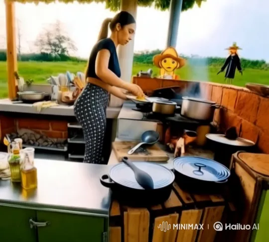 Woman Cooks in Serene Outdoor Kitchen with Nature – AI Generated Video | Hailuo AI