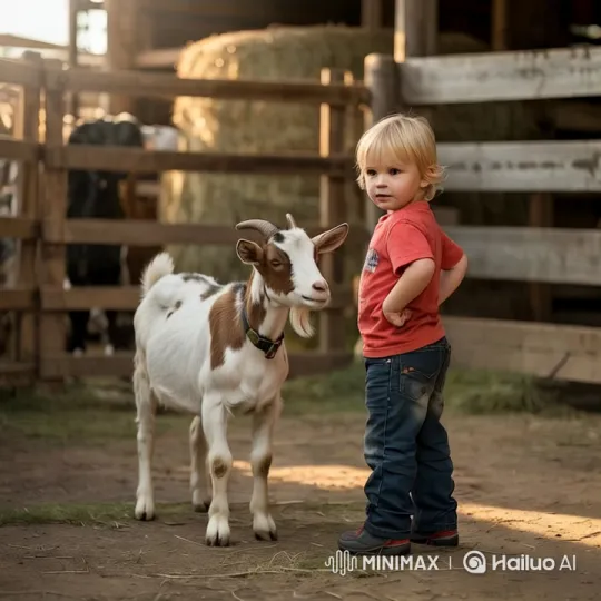 Boy and Goat Engage in Playful Fight in Barn – AI Generated Video | Hailuo AI