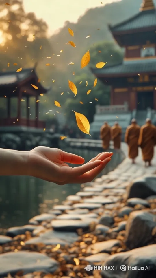 Monks, Temple, and Golden Leaves in Serene Setting – AI Generated Video | Hailuo AI