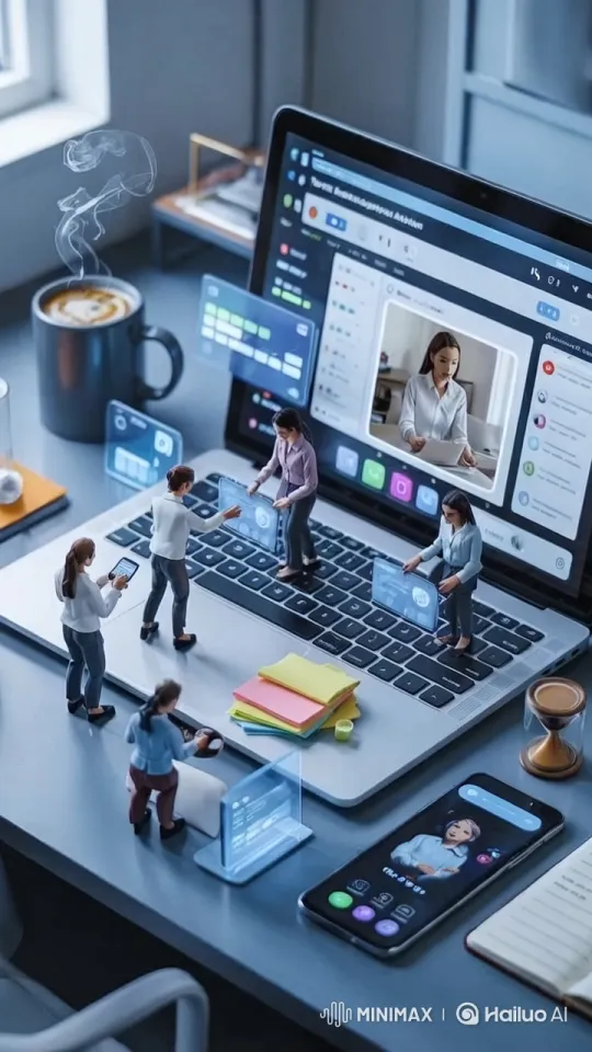 Ultra-Realistic Virtual Assistants at Work on Futuristic Laptop – AI Generated Video | Hailuo AI