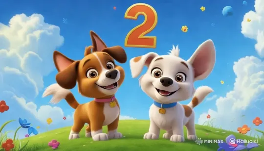 Joyful Dogs on a Flowered Hill with Number '2' – AI Generated Video | Hailuo AI
