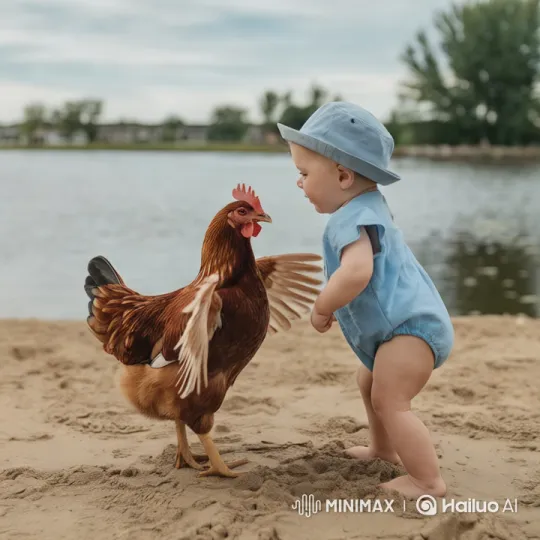 Boy Punches Chicken in Dusty Lakeshore Confrontation – AI Generated Video | Hailuo AI