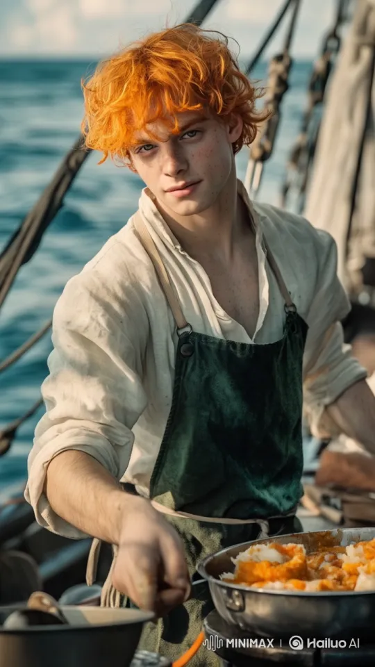 Red-haired Chef Cooking on a Swaying Ship – AI Generated Video | Hailuo AI