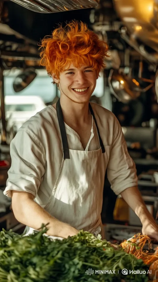 Busy Kitchen Scene: Live2D Orange-haired Chef Cooking – AI Generated Video | Hailuo AI