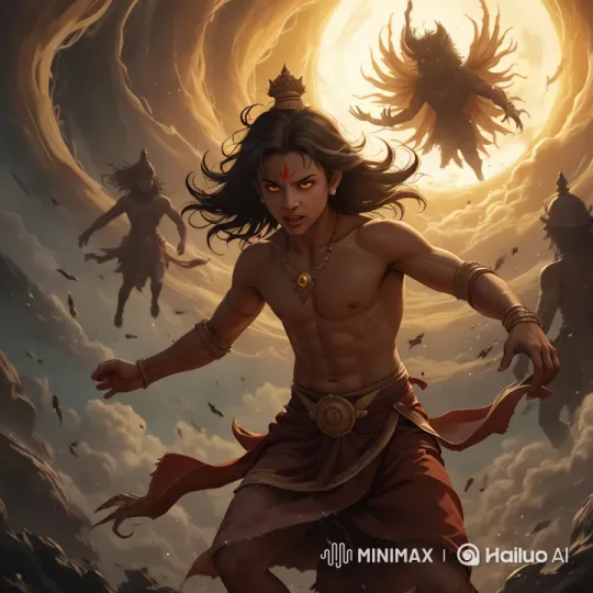 Hanuman Escapes Rahu's Pursuit in Intense Aerial Chase – AI Generated Video | Hailuo AI