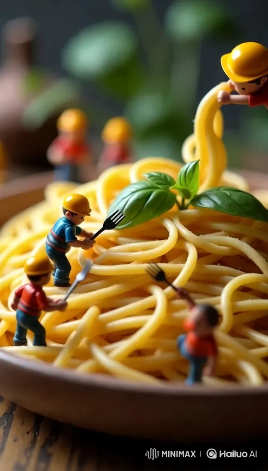 Miniature Workers Interact with Spaghetti in Aesthetic Video – AI Generated Video | Hailuo AI
