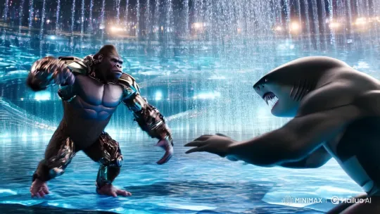 Cyborg Gorilla Battles Humanoid Shark in Surreal Arena – AI Generated Video | Hailuo AI