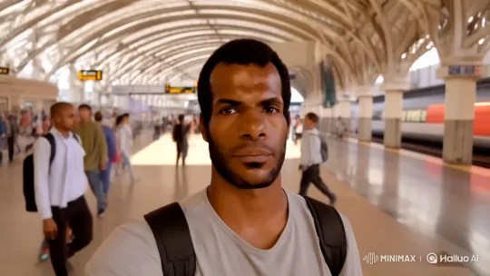 Confident Man in Busy Station Amidst Chaos – AI Generated Video | Hailuo AI