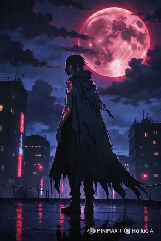 Mysterious Figure Stands Under Eerie Red Moonlight – AI Generated Video | Hailuo AI