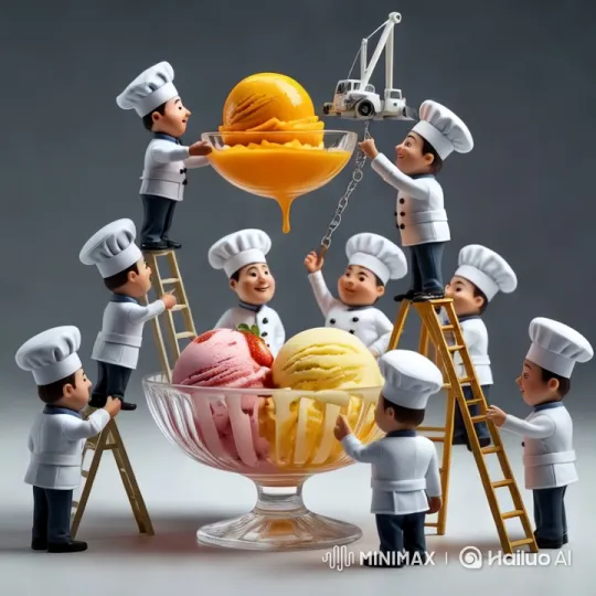 Miniature Chefs Craft Layered Ice Cream Masterpiece – AI Generated Video | Hailuo AI