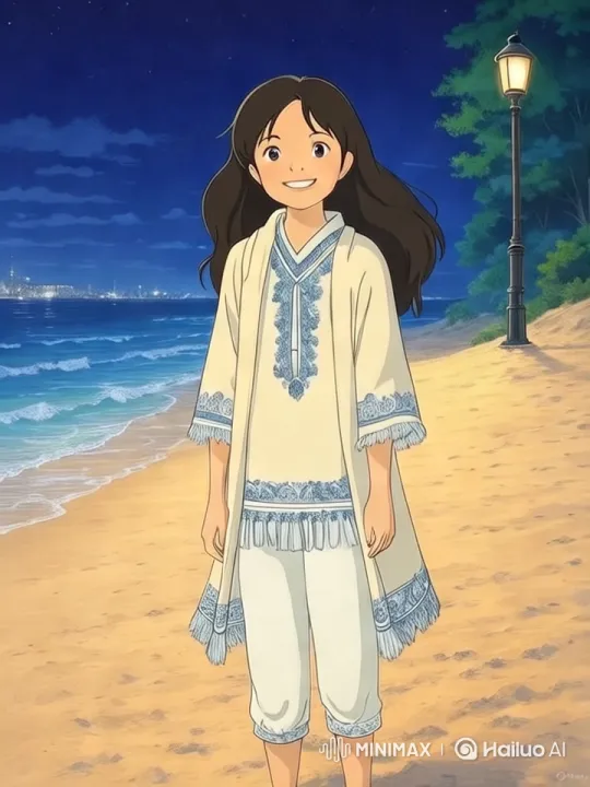 Young Girl on a Serene Beach at Night – AI Generated Video | Hailuo AI